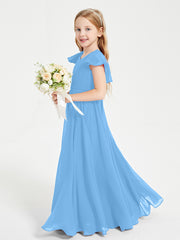 Delicate Chiffon Junior Bridesmaid Gown Flutter Sleeves V-neck Blue