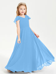 Delicate Chiffon Junior Bridesmaid Gown Flutter Sleeves V-neck Blue