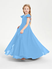 Delicate Chiffon Junior Bridesmaid Gown Flutter Sleeves V-neck Blue