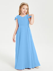 Delicate Chiffon Junior Bridesmaid Gown Flutter Sleeves V-neck Blue