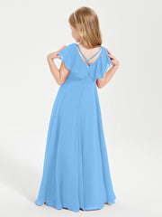 Delicate Chiffon Junior Bridesmaid Gown Flutter Sleeves V-neck Blue