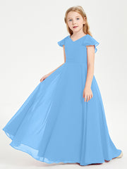 Delicate Chiffon Junior Bridesmaid Gown Flutter Sleeves V-neck Blue