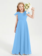 Delicate Chiffon Junior Bridesmaid Gown Flutter Sleeves V-neck Blue