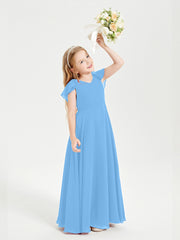 Delicate Chiffon Junior Bridesmaid Gown Flutter Sleeves V-neck Blue