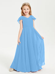 Delicate Chiffon Junior Bridesmaid Gown Flutter Sleeves V-neck Blue
