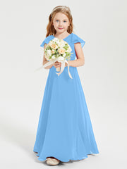 Delicate Chiffon Junior Bridesmaid Gown Flutter Sleeves V-neck Blue
