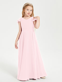 Delicate Chiffon Junior Bridesmaid Gown Flutter Sleeves V-neck Blushing Pink