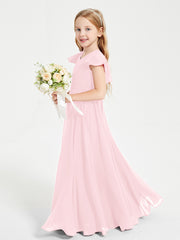 Delicate Chiffon Junior Bridesmaid Gown Flutter Sleeves V-neck Blushing Pink