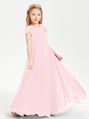Delicate Chiffon Junior Bridesmaid Gown Flutter Sleeves V-neck Blushing Pink