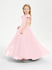 Delicate Chiffon Junior Bridesmaid Gown Flutter Sleeves V-neck Blushing Pink