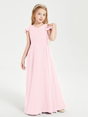 Delicate Chiffon Junior Bridesmaid Gown Flutter Sleeves V-neck Blushing Pink