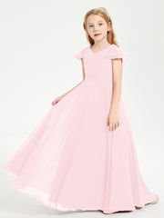 Delicate Chiffon Junior Bridesmaid Gown Flutter Sleeves V-neck Blushing Pink