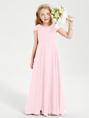 Delicate Chiffon Junior Bridesmaid Gown Flutter Sleeves V-neck Blushing Pink