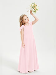 Delicate Chiffon Junior Bridesmaid Gown Flutter Sleeves V-neck Blushing Pink