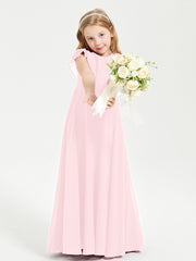 Delicate Chiffon Junior Bridesmaid Gown Flutter Sleeves V-neck Blushing Pink