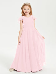 Delicate Chiffon Junior Bridesmaid Gown Flutter Sleeves V-neck Blushing Pink