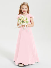 Delicate Chiffon Junior Bridesmaid Gown Flutter Sleeves V-neck Blushing Pink