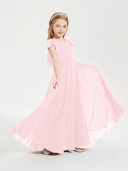 Delicate Chiffon Junior Bridesmaid Gown Flutter Sleeves V-neck Blushing Pink