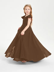 Delicate Chiffon Junior Bridesmaid Gown Flutter Sleeves V-neck Brown