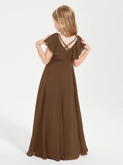 Delicate Chiffon Junior Bridesmaid Gown Flutter Sleeves V-neck Brown