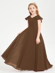 Delicate Chiffon Junior Bridesmaid Gown Flutter Sleeves V-neck Brown
