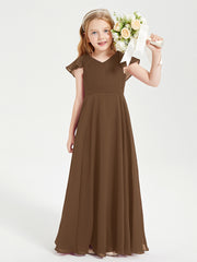 Delicate Chiffon Junior Bridesmaid Gown Flutter Sleeves V-neck Brown