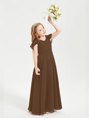 Delicate Chiffon Junior Bridesmaid Gown Flutter Sleeves V-neck Brown