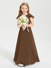 Delicate Chiffon Junior Bridesmaid Gown Flutter Sleeves V-neck Brown