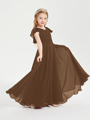 Delicate Chiffon Junior Bridesmaid Gown Flutter Sleeves V-neck Brown