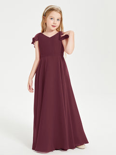 Delicate Chiffon Junior Bridesmaid Gown Flutter Sleeves V-neck Cabernet