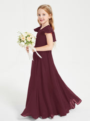 Delicate Chiffon Junior Bridesmaid Gown Flutter Sleeves V-neck Cabernet