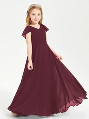 Delicate Chiffon Junior Bridesmaid Gown Flutter Sleeves V-neck Cabernet