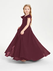 Delicate Chiffon Junior Bridesmaid Gown Flutter Sleeves V-neck Cabernet