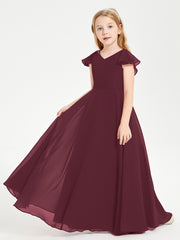 Delicate Chiffon Junior Bridesmaid Gown Flutter Sleeves V-neck Cabernet