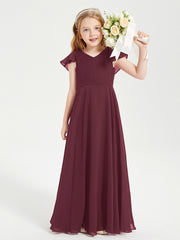 Delicate Chiffon Junior Bridesmaid Gown Flutter Sleeves V-neck Cabernet