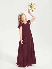 Delicate Chiffon Junior Bridesmaid Gown Flutter Sleeves V-neck Cabernet