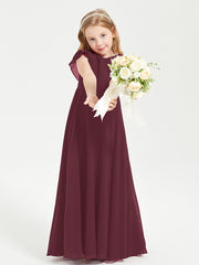 Delicate Chiffon Junior Bridesmaid Gown Flutter Sleeves V-neck Cabernet