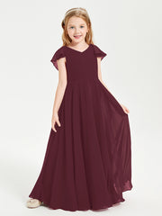 Delicate Chiffon Junior Bridesmaid Gown Flutter Sleeves V-neck Cabernet