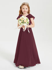 Delicate Chiffon Junior Bridesmaid Gown Flutter Sleeves V-neck Cabernet