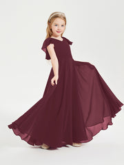 Delicate Chiffon Junior Bridesmaid Gown Flutter Sleeves V-neck Cabernet