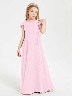 Delicate Chiffon Junior Bridesmaid Gown Flutter Sleeves V-neck Candy Pink