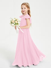 Delicate Chiffon Junior Bridesmaid Gown Flutter Sleeves V-neck Candy Pink