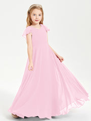 Delicate Chiffon Junior Bridesmaid Gown Flutter Sleeves V-neck Candy Pink