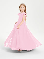 Delicate Chiffon Junior Bridesmaid Gown Flutter Sleeves V-neck Candy Pink