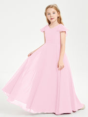 Delicate Chiffon Junior Bridesmaid Gown Flutter Sleeves V-neck Candy Pink