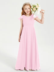 Delicate Chiffon Junior Bridesmaid Gown Flutter Sleeves V-neck Candy Pink