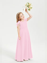 Delicate Chiffon Junior Bridesmaid Gown Flutter Sleeves V-neck Candy Pink