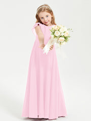 Delicate Chiffon Junior Bridesmaid Gown Flutter Sleeves V-neck Candy Pink