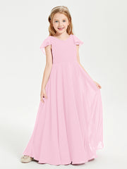 Delicate Chiffon Junior Bridesmaid Gown Flutter Sleeves V-neck Candy Pink