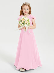 Delicate Chiffon Junior Bridesmaid Gown Flutter Sleeves V-neck Candy Pink
